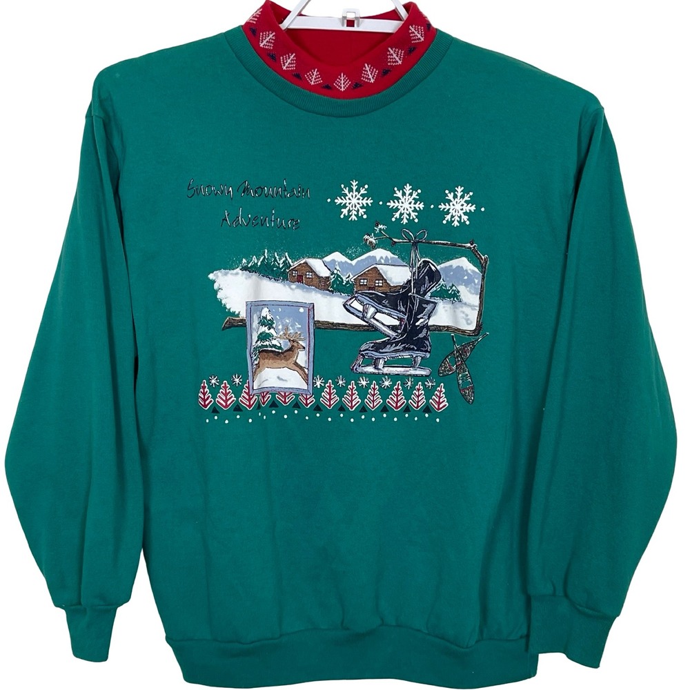 Vintage Christmas Sweatshirt Snowy Mountain‎ Women M Green Ice Skating Mock Neck
